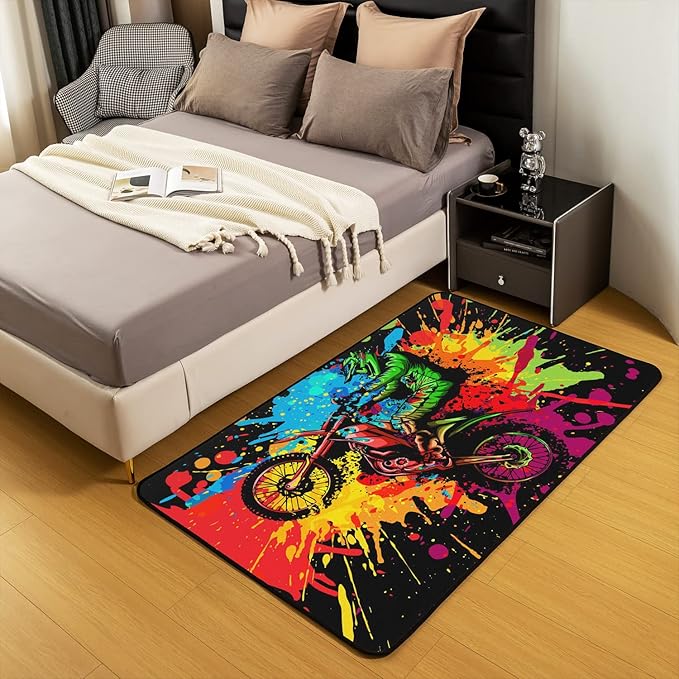 Erosebridal Motocross Rugs for Boys Girls, Motorcycle Racer Area Rug 5x6'6'', Extreme Sport Tie Dye Dirt Bike Motor Vehicles Biker Carpet for Bedside for Kids Car Game Decorative Rug
