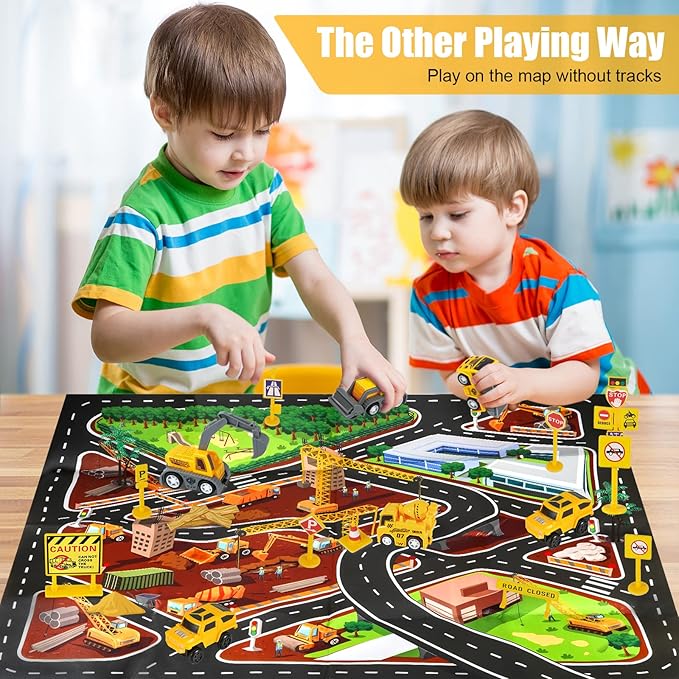 260 PCS Construction Race Tracks for Kids Toys, 2 Electric Cars, 4 Construction Cars, 1 Map & Flexible DIY Track Set, Engineering Toys for 3 4 5 6 Year Old Boys Girls
