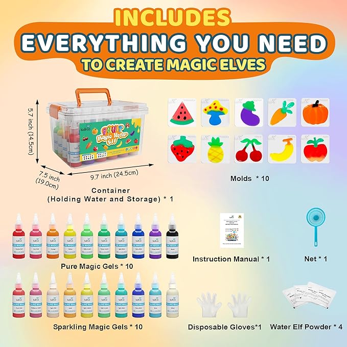 Kiditos Fruit Magic Water Elf Toy Kit,Aqua Fairy Water Gel Kit-20 Magic Gel&10 Molds-Make Your Own Water Elves&Squishy Toys–Fun Summer DIY Craft Kit,Birthday Gifts&Party Favors for Kids Ages 3+
