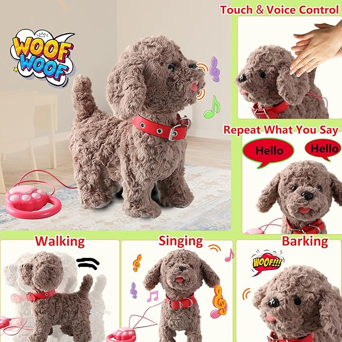 Walking Barking Dog Toy Singing Puppy Set, Repeat What You Say Teddy with Control Leash Electronic Dog, Touch or Voice Control Realistic Robot Musical Dancing Animated Plush Pet for Toddler