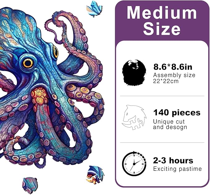 Wooden Puzzles for Adults, Octopus Wooden Jigsaw Puzzle, Unique Animal Shaped Puzzles, Premium Box Wood Cut Ocean Puzzles, Best Family Ideas (M-8.7 * 8.1in-140pcs)