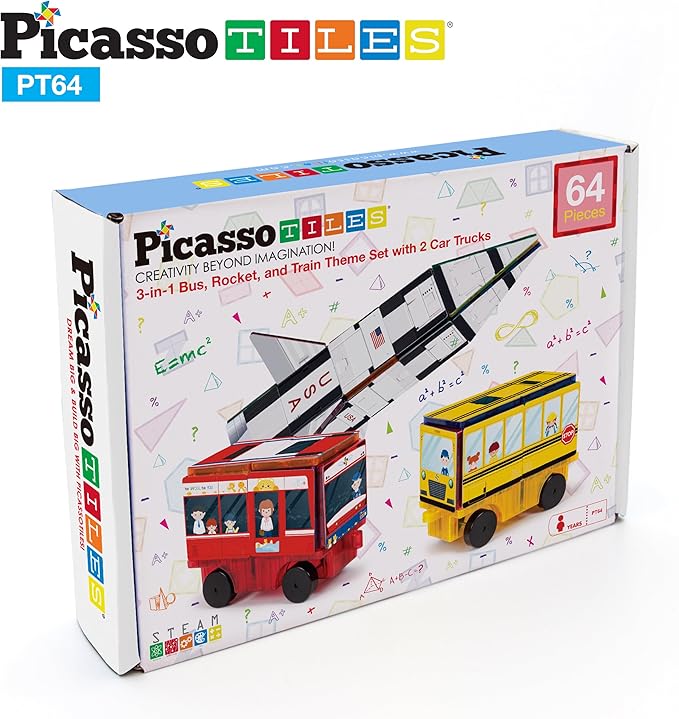 PicassoTiles Magnet Building Blocks STEM Learning Construction Toy Set Early Education Kit 3-in-1 Rocket, School Bus, Train Theme Stick-On Puzzle Pretend Play Magnetic Tiles Kids Building Block Toys