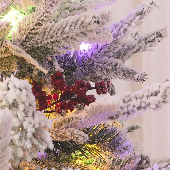 6FT Artificial Christmas Tree with 300 Multi-Colored String Lights with 11 Modes, Prelit Christmas Tree with Red Berry, Xmas Tree with Foldable Stand Christmas Decorations Decor