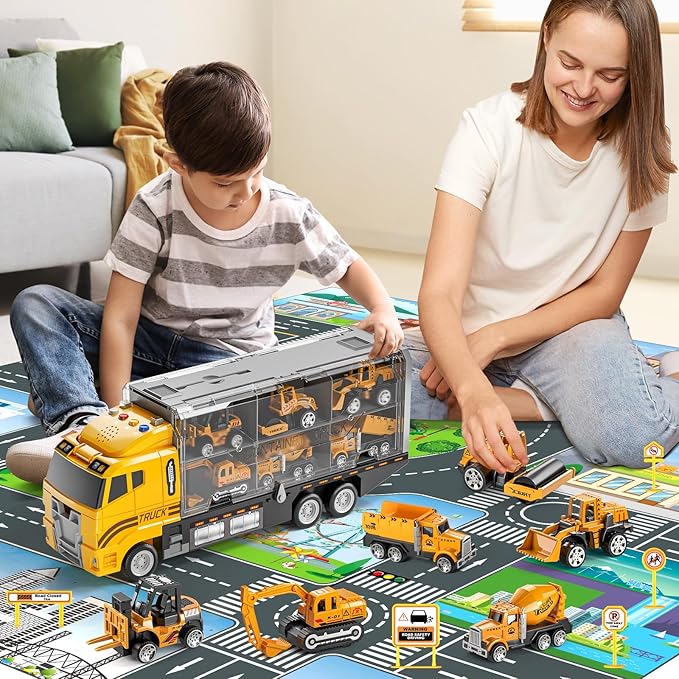 Toddler Boys Construction Truck Vehicle Toy Set with Play Mat, Die-Cast Toy Car Carrier Truck for Kids, Birthday Gifts for 3-8+ Year Olds