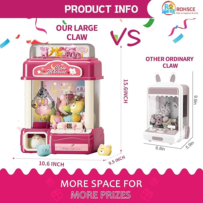 Interactive Claw Toy Arcade Machine with Prizes, Kids Vending Machine with Lights, Music, Plush Toys & Capsules, Mini Claw Machine USB Rechargeable, Birthday Gift for Girls Ages 4-12