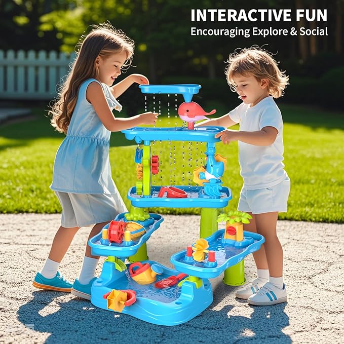 Water Table for Toddler, Rain Shower Splash Pond Toddler Water Table, Kids Water and Sand Activity Sensory Play Table, Summer Outdoor Toys for Toddlers 3-5 4-8 Years Old Boys Girls