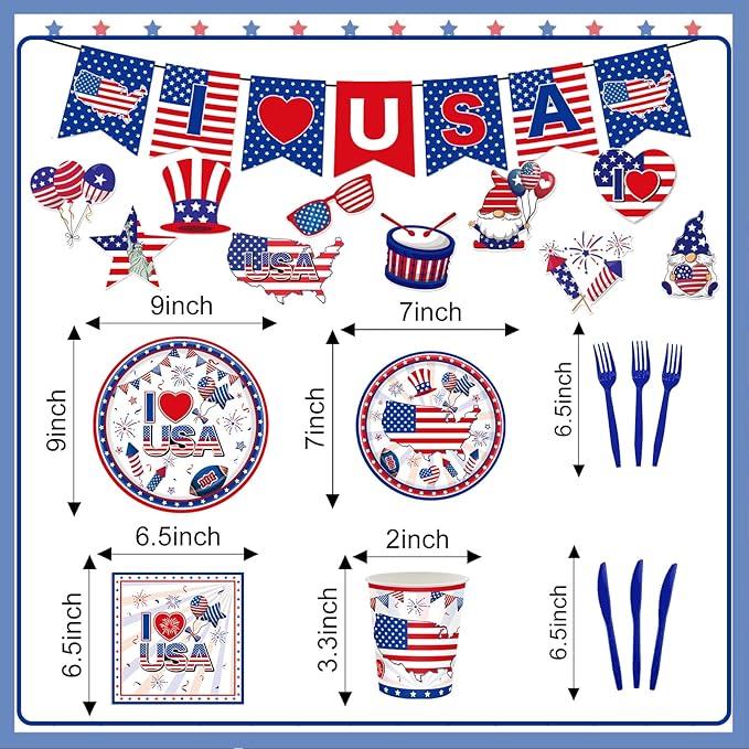 123 Pcs American Flag Patriotic Party Supplies Set, Patriotic Theme Kit Decorations, Patriotic Party Decorations Includes Plates, Napkins, Cups, Banner, Tablecloth -20 Guests