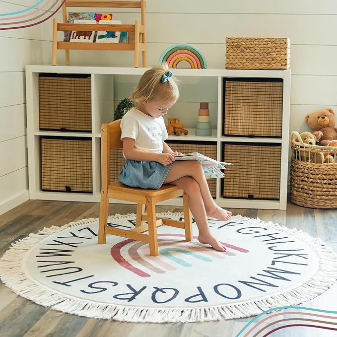 ABC Rug for Kids - 4ft Lovely Boho Rainbow Rug, Toddlers & Baby Rug for Playroom, Round Classroom Rug,Ultra Soft & Non Slip Alphabet Rug-Nursery Rug, Children's Room Carpet,Washable Kids Rug - 47 inch