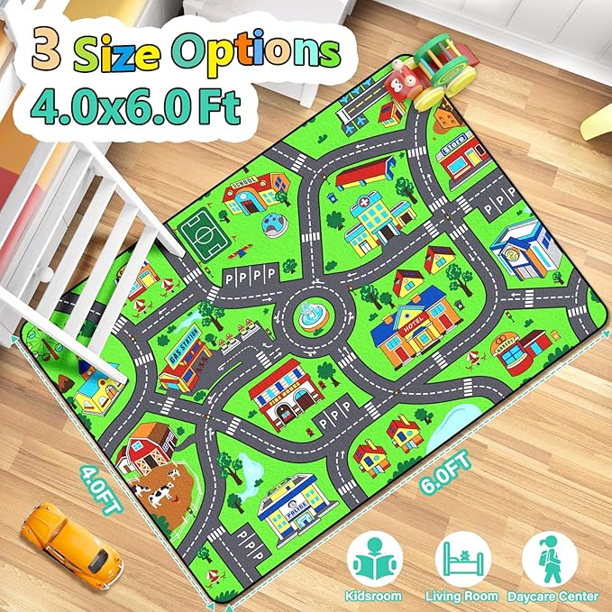 Kids Rug, City Road Rug for Kids, 4x6 Ft Car Rugs for Toy Cars, Realistic Colors Perfect for Children and Baby Playmat, Non-Slip Classroom Carpet