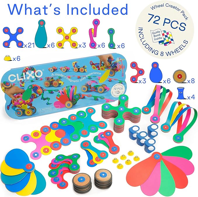 Clixo Wheel Creator Pack, 72 Pieces Pack - Construction Magnet Toy. Flexible, Creative-Boosting Magnetic Building Tiles. Educator-Approved Design for Hours of STEM Play. Multisensory Toy. Age 4-99.