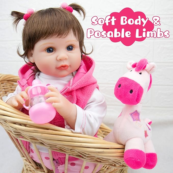 Real Life Baby Dolls, 22-Inch Reborn Baby Doll Soft Cloth Body Lifelike Baby Dolls Complete with Clothes and Toy Accessories Christmas Birthday Gift for Kids Age 3+, Pink Pony