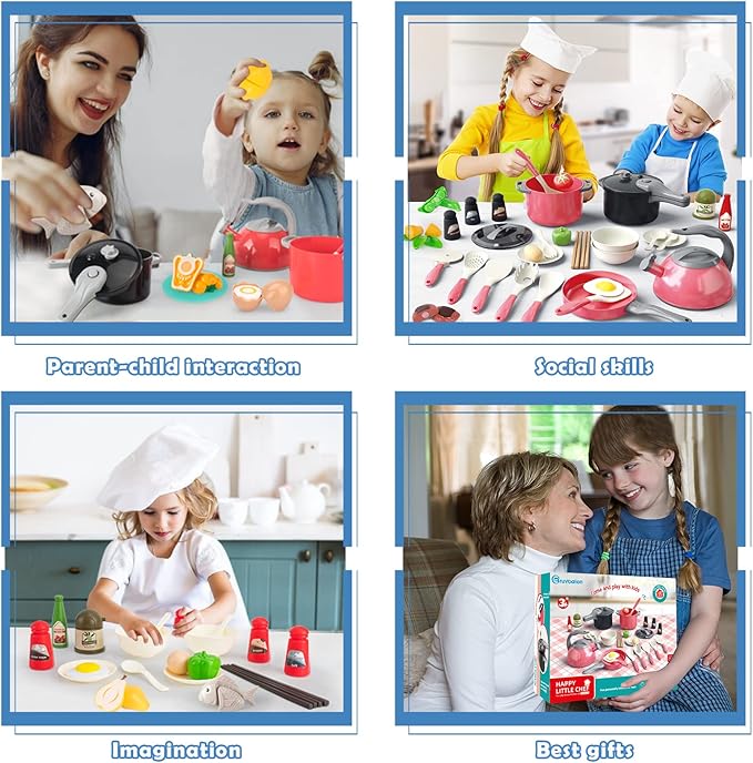 Bruvoalon 67Pcs Kids Play Kitchen Toys Set, Toddlers Pretend Cooking Playset Acccessories with Pots Pans, Utensils Cookware, Foods, Canned Veges, Learning Gift for Kids Girls Boys (Red)