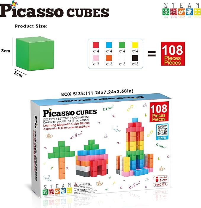 PicassoTiles Magnet Cube Building Blocks 108 Pieces 1.2" 3CM Magnetic Cubes Toy Construction Building Educational Sensory Toys with Idea Booklet for School & Preschool Kids Boys Girls Toddlers PMC303