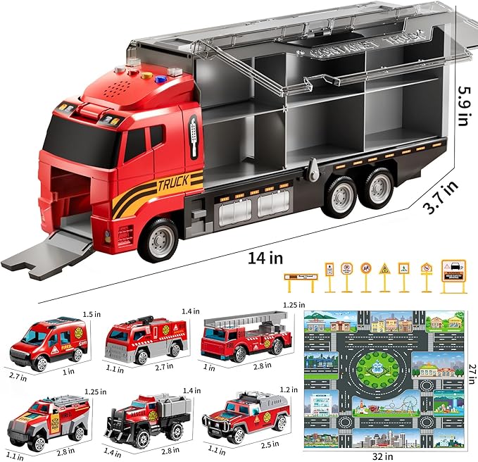 TEMI Fire Truck Toy Set with Play Mat, Carrier Truck for Kids Toddlers, Die-Cast Metal Toy Car Set, Christmas Birthday Gift for Age 3 4 5 6 + Years Old Boys Girls