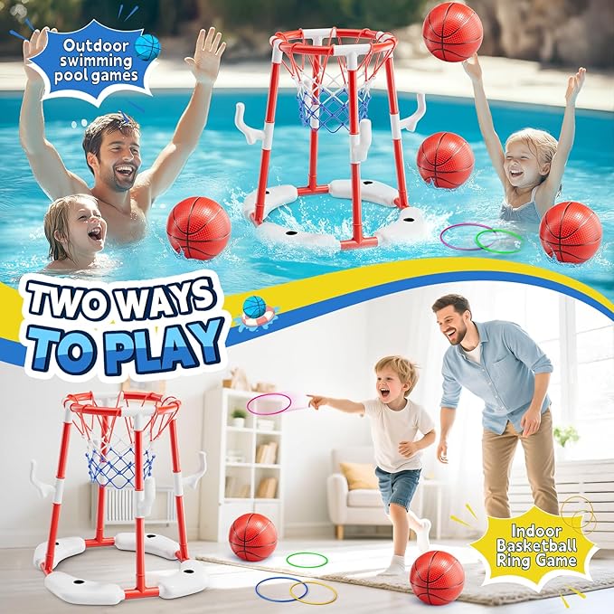 Pool Basketball Hoop, Floating Game with 6 Balls & Pump, Kids Pool Toys for Outdoor Summer Fun, Adjustable Height for Ages 4-8-12, Family Swimming Pool Accessory(red)