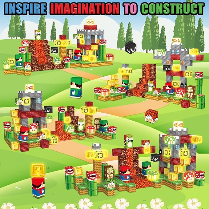 200PCS Magnetic Blocks Building Toys, 1" Light Up Building Blocks Magnet Cubes Tiles for Toddlers Boys Girls 3+, Build Game Adventure Scenes STEM Sensory Construction Toys