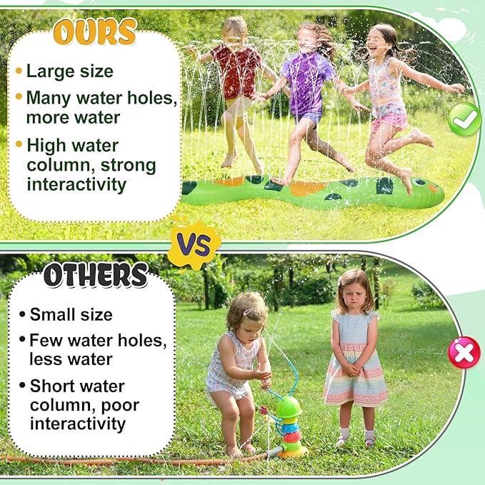 95" × 12" Extra Large Snake Sprinkler for Kids - Inflatable Kids Sprinkler for Yard, Toddler Water Outdoor Toys, Durable Splashing Fun Summer Toys for Garden Lawn, Attaches to Garden Hose