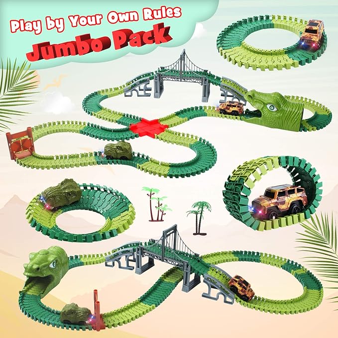 Dinosaur Track Toys, 200+ Pcs Create A Dinosaur World Road Race, Flexible Track Playset with 1 Dinosaur Car,1 Race Car,8 Dinosaurs for 3 4 5 6 Year & Up Old Boys Girls Kids Toddlers Great Gift