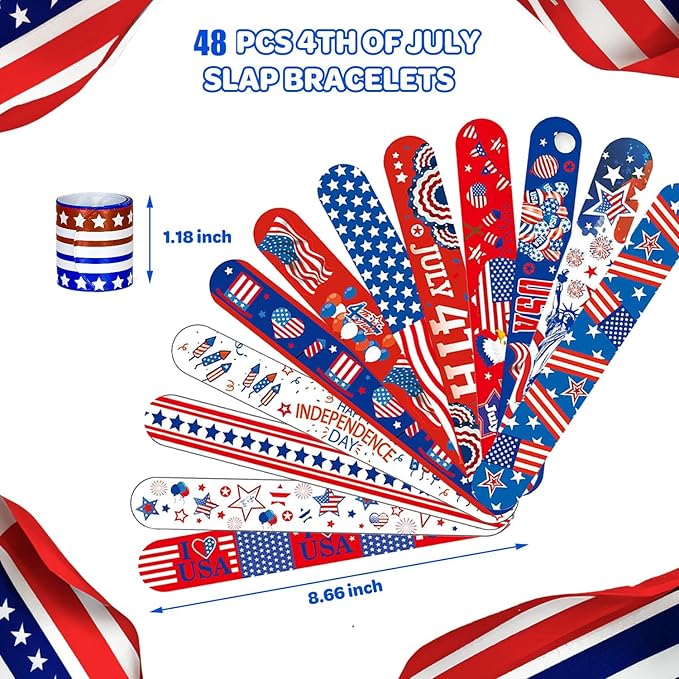 48 pcs 4th of July Slap Bracelets Toys, 4th of July Party Favors Supplies Patriotic Accessories Decorations