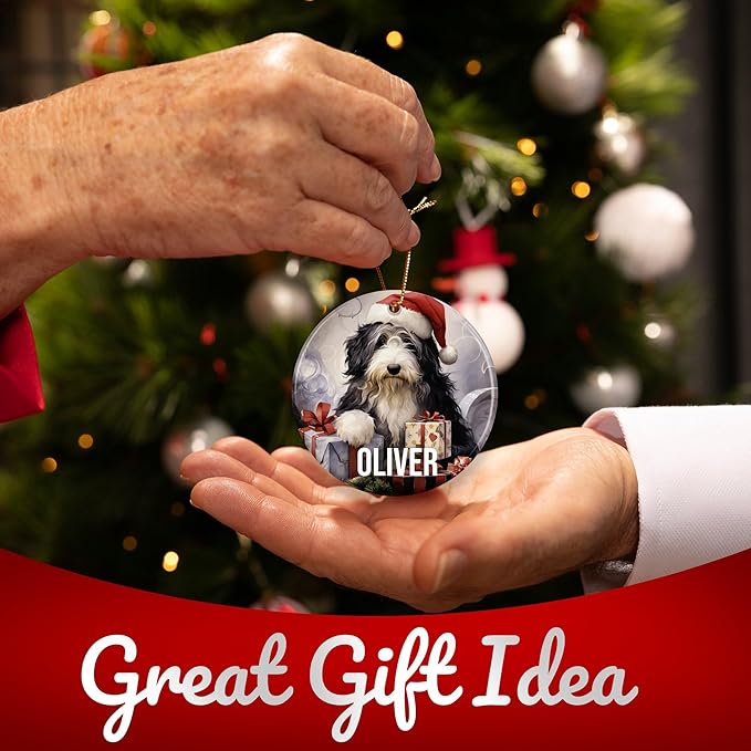 Old English Sheepdog Personalized Dog Ornament - 3" Round Ceramic - Christmas Tree Decor - Dog Mom/Dad Gift - DOG0150