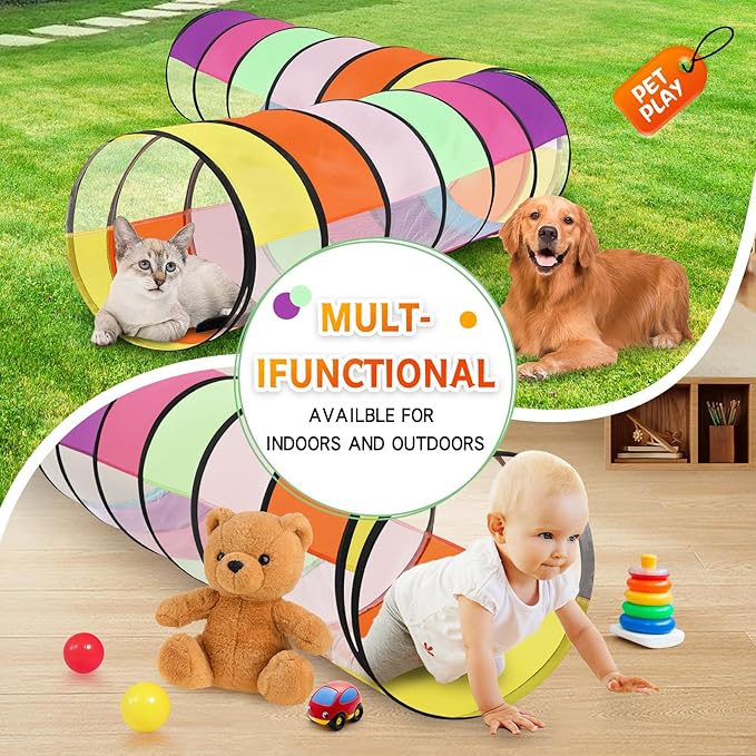 Colorful Baby Play Tunnel for Toddlers with 2 Mesh Sides, Kids Crawling Tunnel Play Tent Pop Up Toddlers Tunnel, Cat Tunnel for Dogs Pets Indoor Outdoor Toy Gift