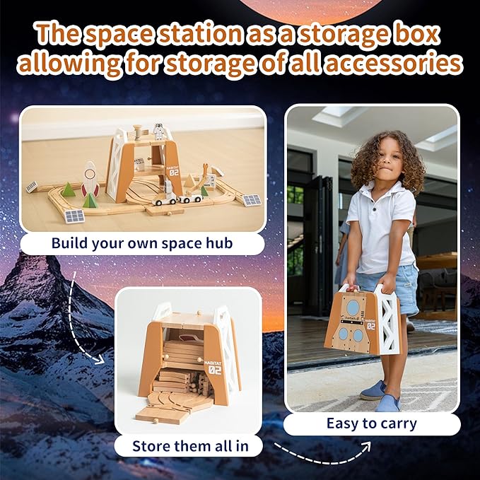 Wooden Space Train Set, Mars Station Wood Train Track Set 39pcs, Train Toy with Astronaut and Rocket for Kids 36m+