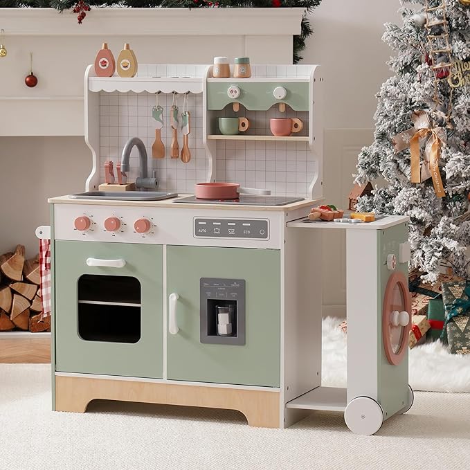 ROBUD Wooden Play Kitchen Set for Kids Toddlers, Pretend Kitchen Playset with BBQ Grill, Ice Maker, Coffee Machine, and Accessories, Toy Kitchen Gift with Lights & Sounds for Girls & Boys, Age 3+