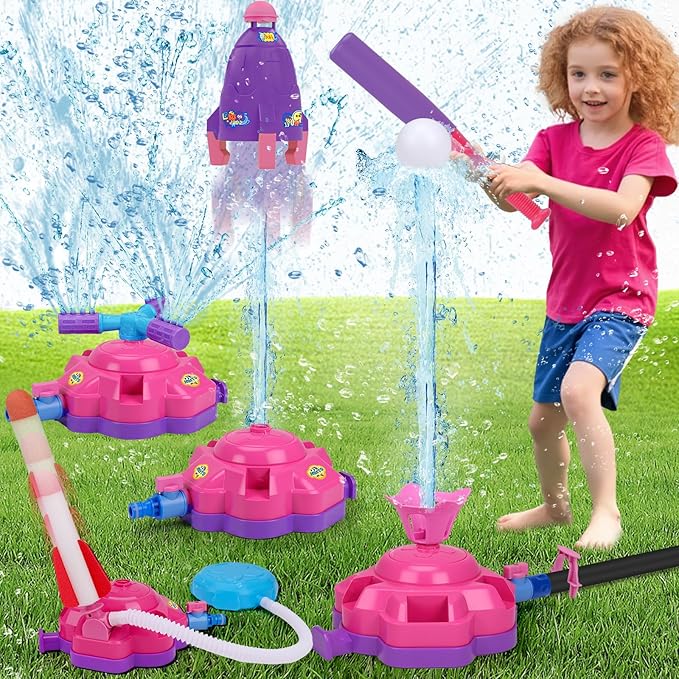 4-in-1 Sprinkler Toys for Kids Water Outdoor Baseball Rocket Launcher Rotating Water Spray Sprinklers Toys Toddler 4-8 8-12 Year Old Summer Backyard Garden Lawn Pool Outside Water Play Game Ages 3-5