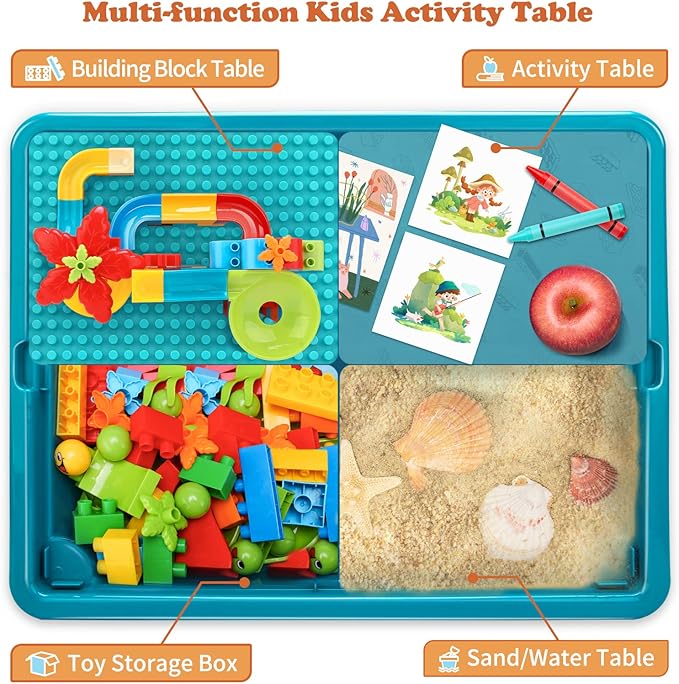 5-in-1 Multi Activity Sand Water Play Table, Double-Sided Kids Activity Table with Storage, 105pcs Marble Run Building Blocks Sensory Table for Kids Toddler Boys Girls Ages 1 2 3 Year Old