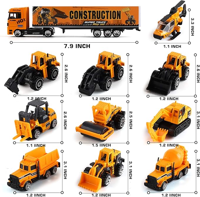 19 in 1 Construction Truck with Engineering Worker Toy Set, Mini Die-Cast Engine Car in Carrier Truck, Double Side Transport Vehicle Play for Child Kid Boy Girl Birthday Christmas Party Favors