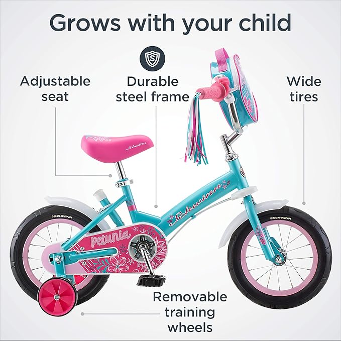 Schwinn Grit and Petunia Push Steer and Ride Kids Bike, For Boys & Girls Ages 2-4 Year Old, Rider Height 28-38 Inch,12-Inch Wheels, Training Wheels, Detachable Push Handle with Water Bottle & Holder