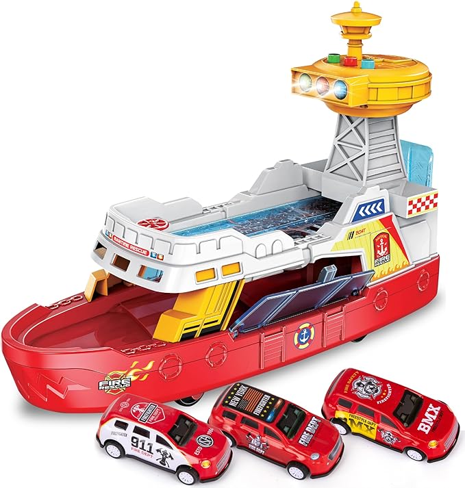 ArtCreativity Light Up Boat Toy with Sounds - Colorful Fire Dept Model Ship with Wheels & 3 Alloy Metal Cars - Kids Ferry Boat for Imaginative Play - Kids Birthday Gift Party Favor