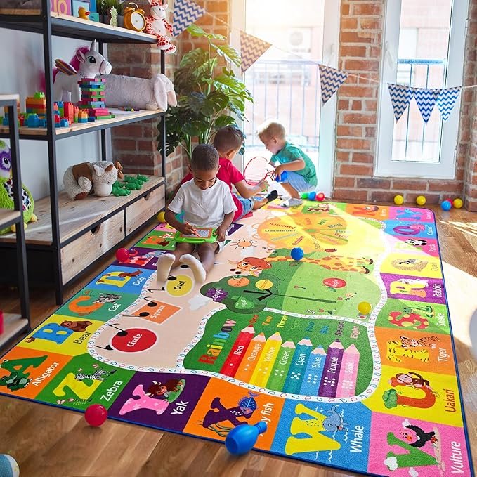 Playroom Rug Baby Play Mat for Floor ABC Rug for Kids Educational and Fun Playmat with Alphabet Animals Shapes Colors 5x7 Area Rug Learning Rugs for Toddler Children Game Activity