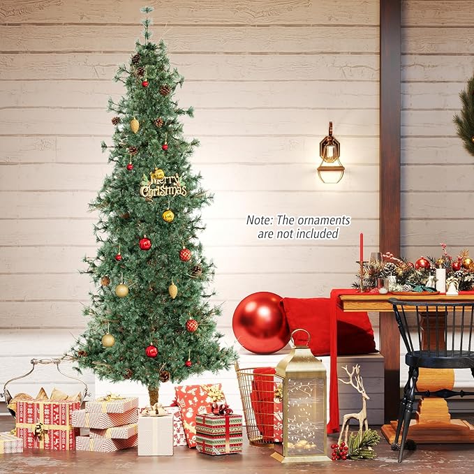 GOFLAME 8FT Pre-lit Christmas Tree, Artificial Xmas Tree with 400 Warm White LED Lights, 702 Branch Tips, Withered Branches, Pine Needles & 36 Pine Cones, Holiday Decoration Tree for Home Party