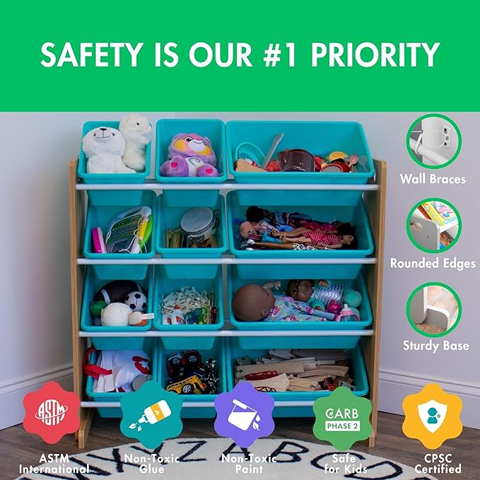 Humble Crew, Natural Wood/Aqua 12 Bin Toy Storage Organizer