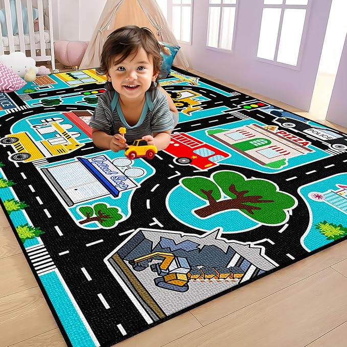 Car Rug Play Mat - Kids Play Rugs City Life Road Map Rug 3x5 Feet Large Educational Traffic Track Car Mat for Kids Toy Cars Carpet for Kid Bedroom Playroom Classroom Decor