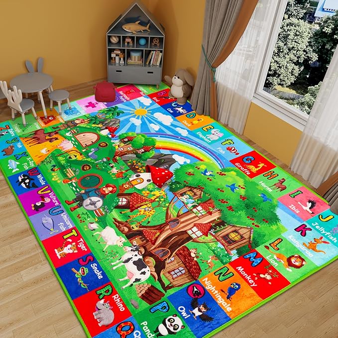ABC Kids Rug for Playroom 78.7"×59" Hobbit House Educational Kids Playmat Alphabet Animal & Shape Learning, Premium Non-Slip Playmat for Toddlers Letters Farm Animals Color Foam Classroom Carpet