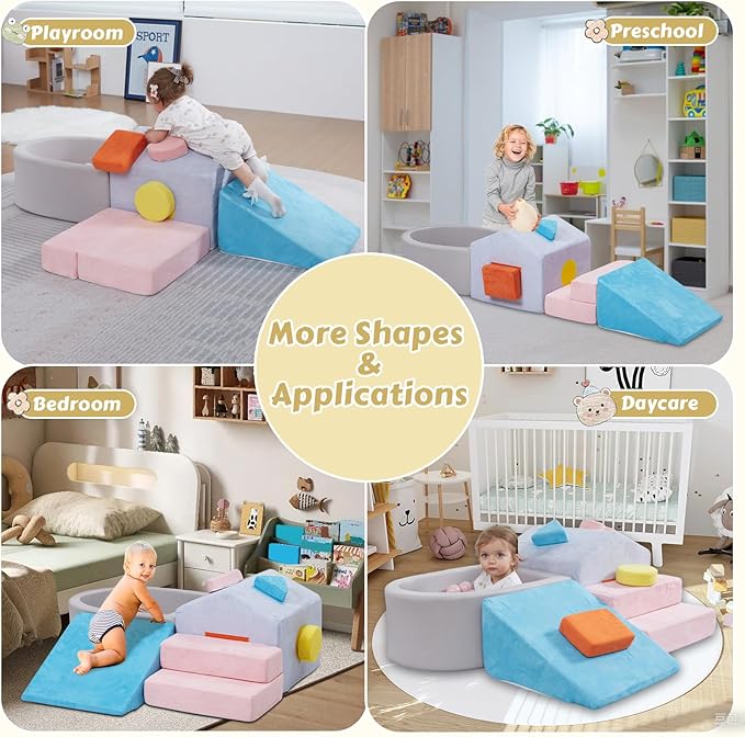 Foam Climbing Blocks for Toddlers,6 Pieces Soft House-Shaped Play Gym with Safety Edges,Montessori Toys for Indoor Active Play,Balance & Motor Skills Development,Colorful(Balls not included)