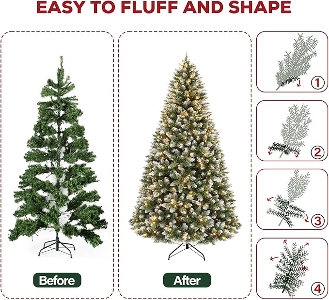 Hykolity 7.5 ft Prelit Christmas Tree, Artificial Christmas Tree with 350 Warm White Lights, 1446 Branch Tips, Metal Stand and Hinged Branches