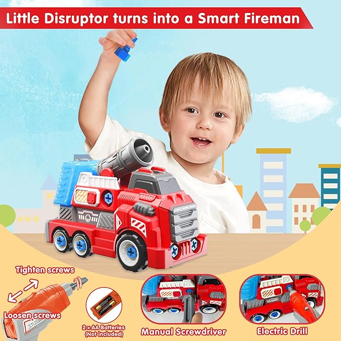 11inches Large Take Apart Fire Toy Trucks for Boys Girls Kids 3-5 6-8 Year Old Fire Rescue Vehicles with Electric Drill Set Assembly Toy