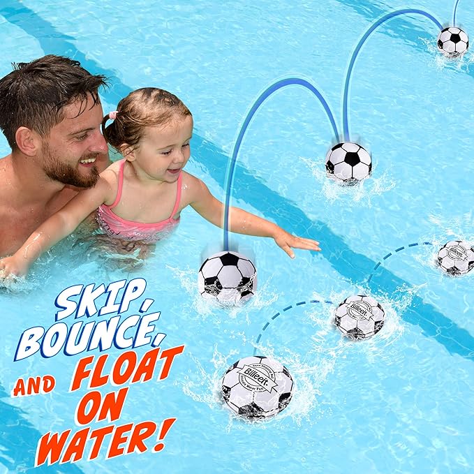 4Pcs Water Skipping Balls for Pool Play(Soccer Theme), Water Pool Beach Swim Toys for Kids Ages 4-8, 8-12 and Adults, Include 2 Balls and 2 Discs