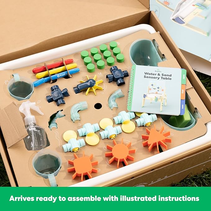KiwiCo Water and Sand Sensory Table | Includes 26 Accessory Pcs: Pipes, Spinners, Water Wheel, Paint Crayons, and More | Outdoor Water Table for Toddlers Ages 3+