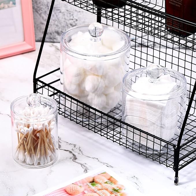 Meanplan 6 Pack Acrylic Holder Dispenser Plastic Apothecary Jars with Lids for Cotton Ball, 10/22/39 oz Clear Plastic Storage Jars Floss Holder Container for Cotton Swab Bathroom, 3 Sizes