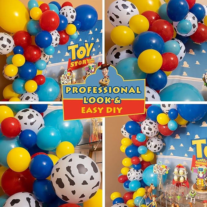ALL-IN-1 Toy Story Balloons Garland Kit & Arch for Toy Story Birthday Party and Baby Shower Decorations - Toys Story Balloons Latex with Cow Pattern for Woody and Buzz Lightyear Theme Supplies