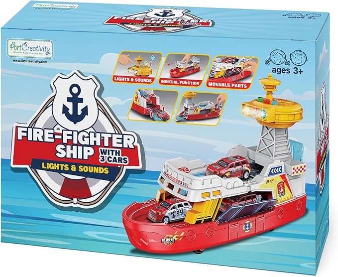 ArtCreativity Light Up Boat Toy with Sounds - Colorful Fire Dept Model Ship with Wheels & 3 Alloy Metal Cars - Kids Ferry Boat for Imaginative Play - Kids Birthday Gift Party Favor