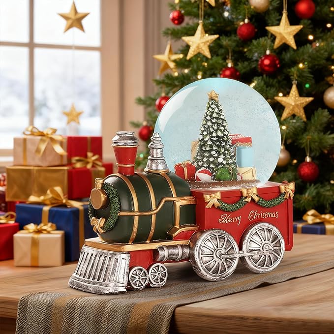 Json Lighted Musical Christmas Train Snow Globe Lantern with Christmas Trees, Battery Operated Water Glittering Lantern with Music and 6H Timer Christmas Table Centerpiece Decoration and Gift