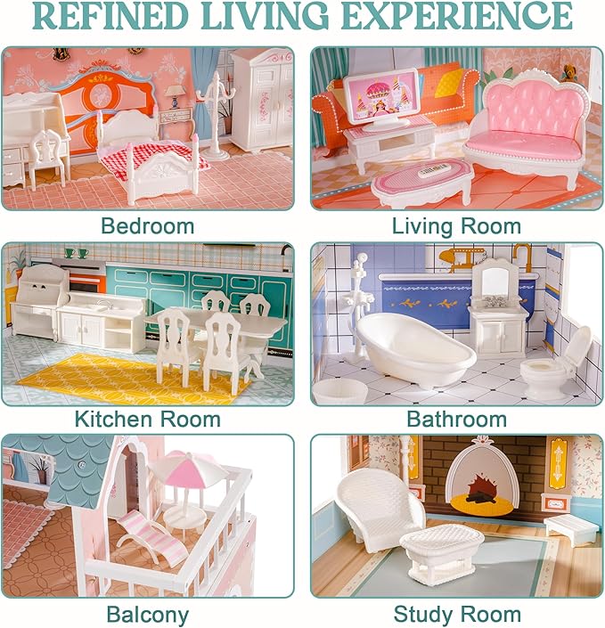 ROBUD Wooden Dollhouse for Kids Girls, Toy Gift for 3 4 5 6 Years Old, with Furniture