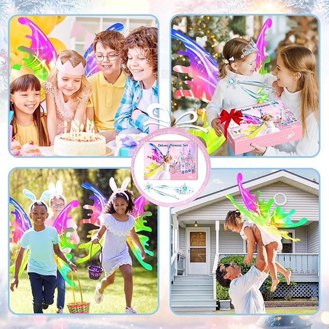 Electric Light Up Butterfly Wings Moving with Music - Princess Costume Crown Wand Dress Up, Princess Toys for Kids Ages 3-6 5-7 as Halloween Valentine Birthday Christmas Party Gifts