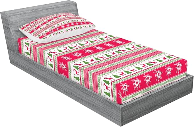 Ambesonne Nordic Fitted Sheet & Pillow Sham Set, Classical Reindeers Snowflakes Trees Christmas Pattern Needlework Design, Decorative Printed 2 Piece Bedding Decor Set, Twin, Pink Lime Green White