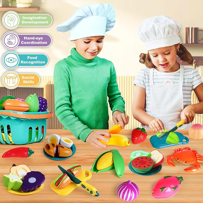 100 Pcs Play Food Set for Kids Kitchen, Pretend Food Toy for Toddlers Age 1-3, Plastic Cutting Fake Food/ Fruit/ Vegetable Accessories with 2 Baskets, Birthday Gifts for 2 3 4 5 Years Old Boys Girls